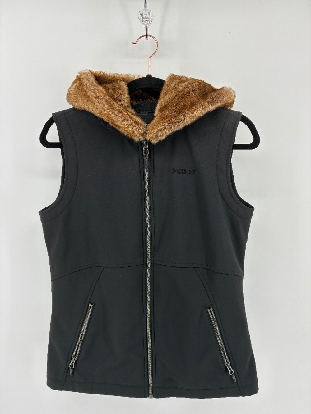 Black Marmot Outdoor Vest Faux Fur Hood